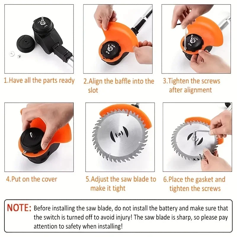 Wireless portable weed trimmer with 2 lithium batteries and comes with replaceable blades