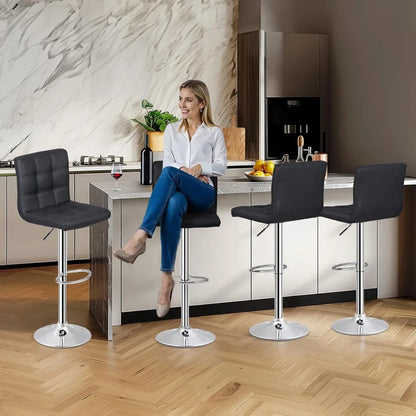 Set of 4 Adjustable Swivel Barstools, Modern PU Leather Kitchen Counter Bar Stools, Square Back Bar Stool