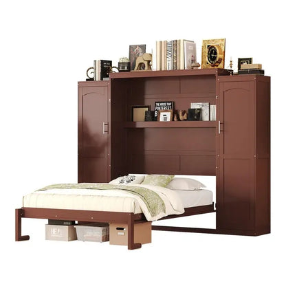 Full Size Murphy Bed with 2 Wardrobes & Storage Shelves, Multifunctional Foldable Platform Bed Frame for Guest Room & Bedroom,