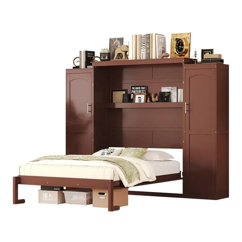 Full Size Murphy Bed with 2 Wardrobes & Storage Shelves, Multifunctional Foldable Platform Bed Frame