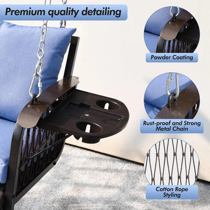 Wicker Porch Swing Heavy Duty 900 LBS 3-Seat Outdoor Patio Swing Chair with Cushions & 8.9ft Chains Outdoor Hanging,