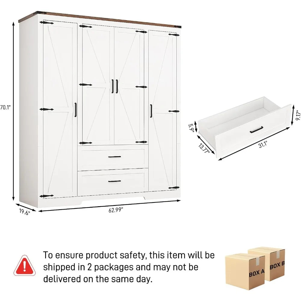 Wardrobe Armoire Closet with Doors and Drawers, Farmhouse Wooden Armoire Storage Cabinet with Shelves & Hanging Rod