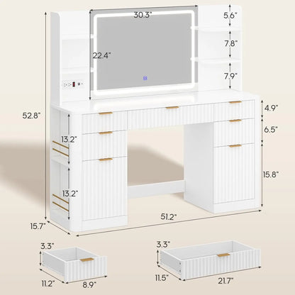 51.2" Fluted Makeup Vanity Desk, 5 Drawer , 6 Open Shelves, Modern Dressing Table-White