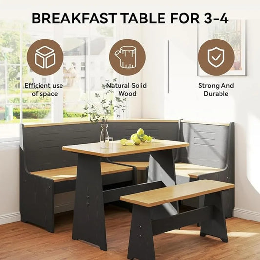 Breakfast Nook, Corner Dining Table Kitchen Bench Chair Set, Space-Saving, Reversible L-Shape