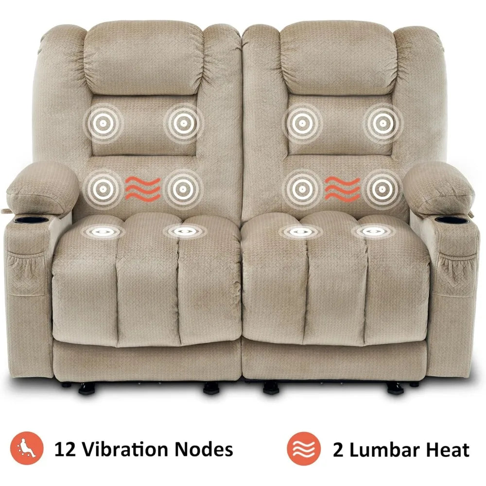 55.9" Power Loveseat Recliner with Heat and Vibration, Fabric Electric Loveseat Recliner, USB Charge Port, Cup Holders