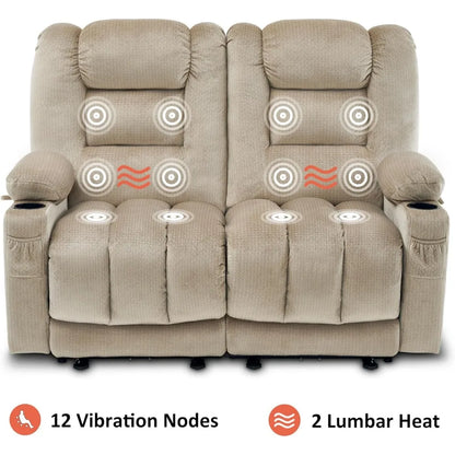 55.9" Power Loveseat Recliner with Heat and Vibration, Fabric Electric Loveseat Recliner, USB Charge Port, Cup Holders