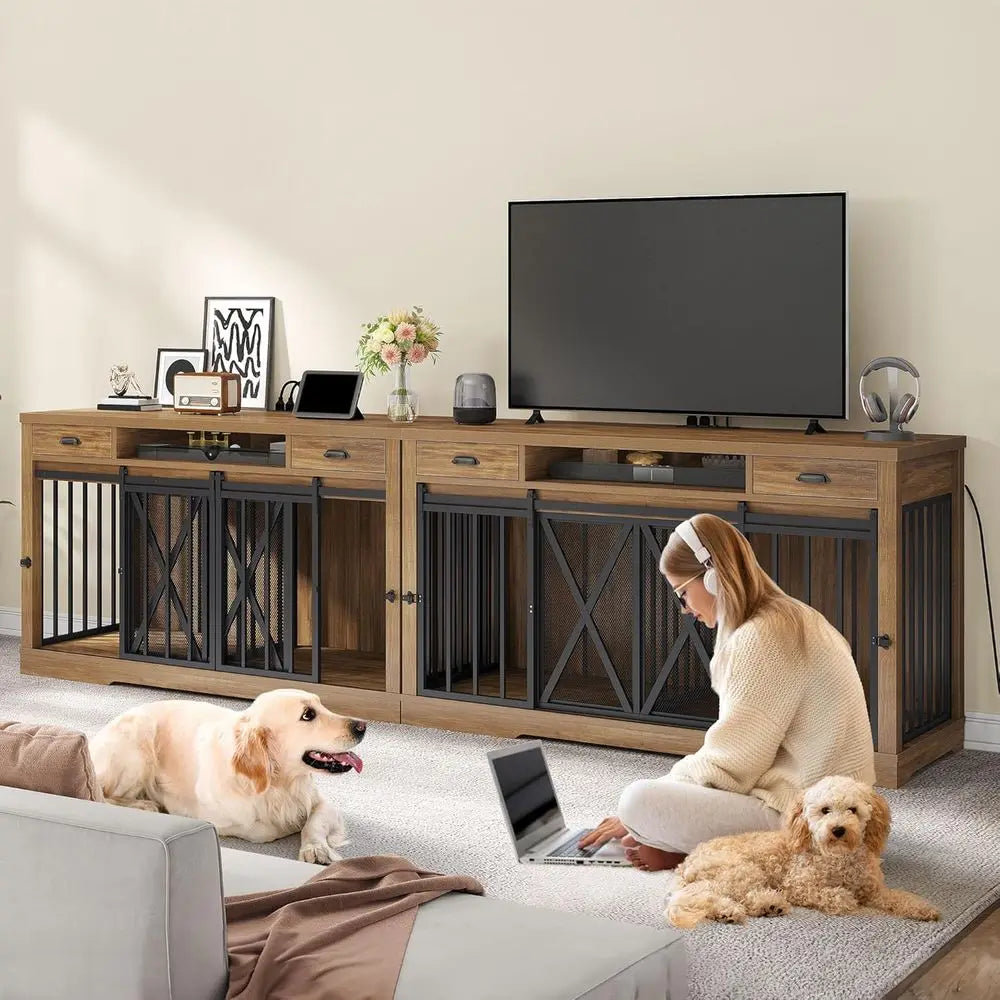 63 Inch Double Dog Crate TV Stand with Charging Station, Heavy Duty Wooden Cage Furniture for 2 Dogs