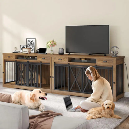 63 Inch Double Dog Crate TV Stand with Charging Station, Heavy Duty Wooden Cage Furniture for 2 Dogs