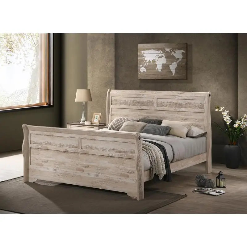 White Wash, Finish Bedroom Set with Queen Sleigh Bed, Dresser, Mirror & 2 Nightstands