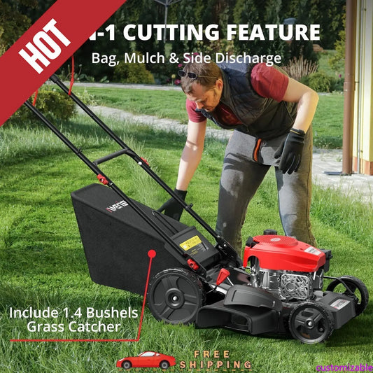 Customizable 21" Gas Lawn Mower, 3-in-1 Gas Powered Push Mower, 144cc 4-Stroke OHV Engine, 6 Height Adjustment