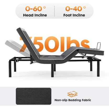 "twin xl ergonomic adjustable bed base with wireless remote, usb charging, and head/foot tilt features"