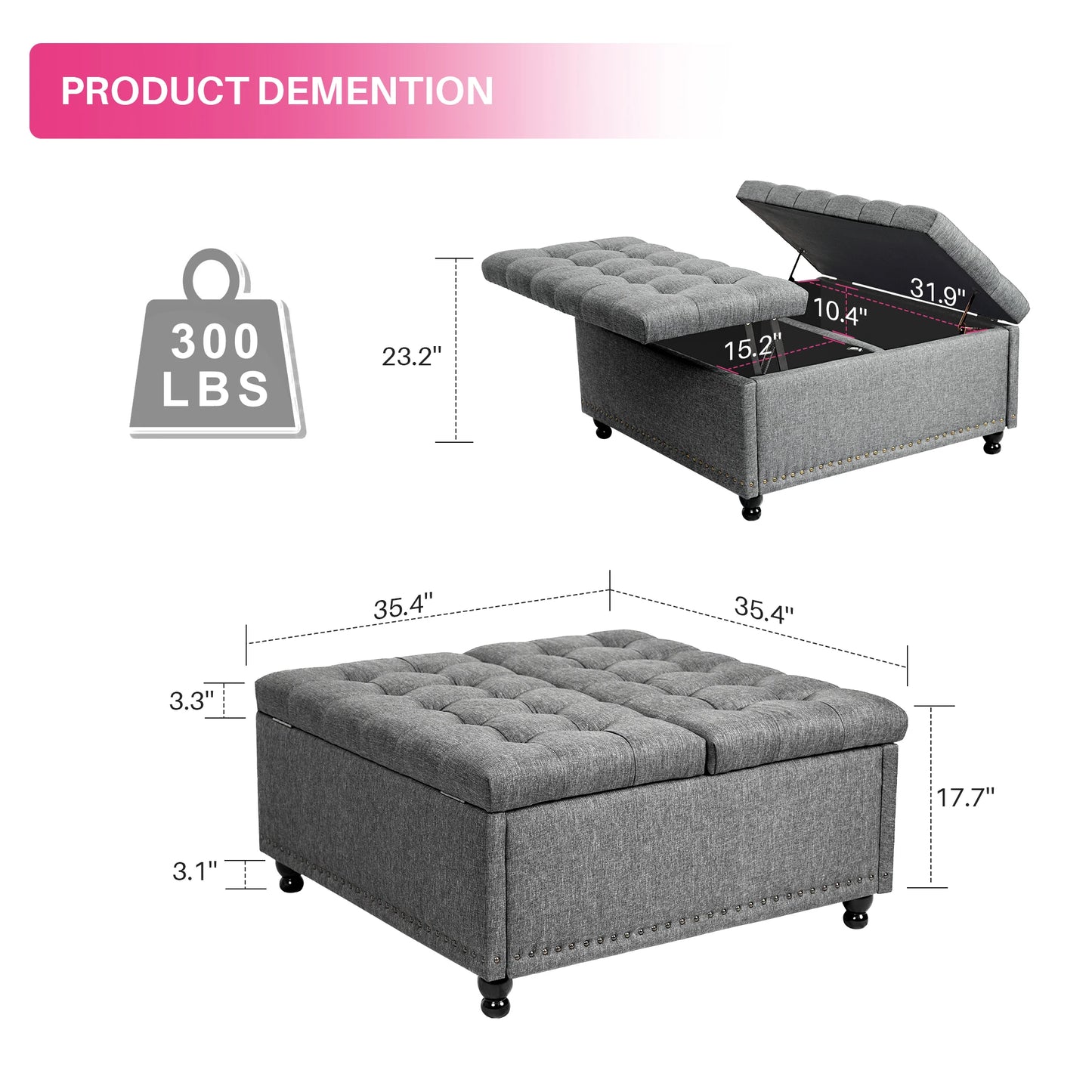35" Large Square Storage Ottoman Bench, Upholstered Coffee Table, Lift Top Storage Ottoman Tufted Fabric for Living Room