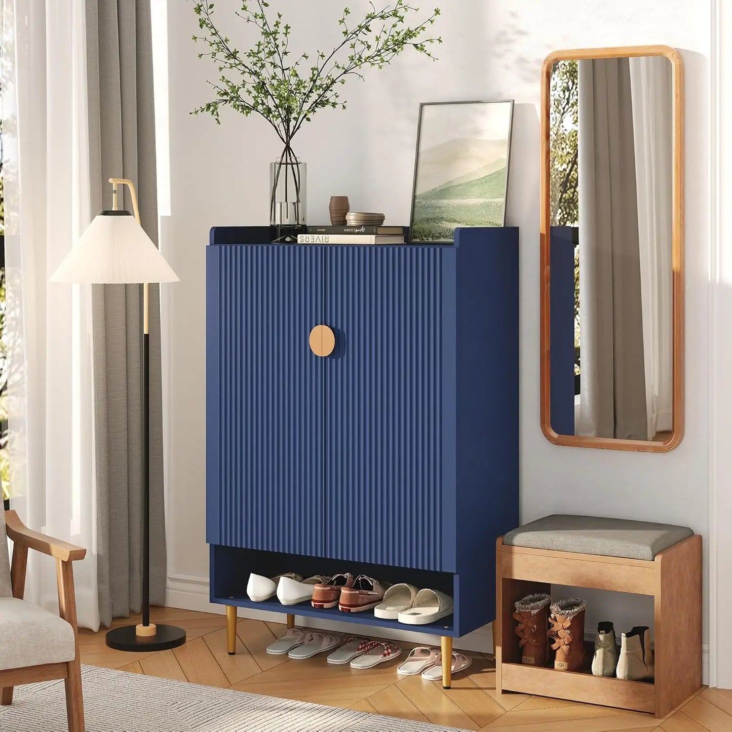 6-Tiers Shoes Cabinet with Fluted Doors, Wood Shoes Rack with Adjustable Shelves