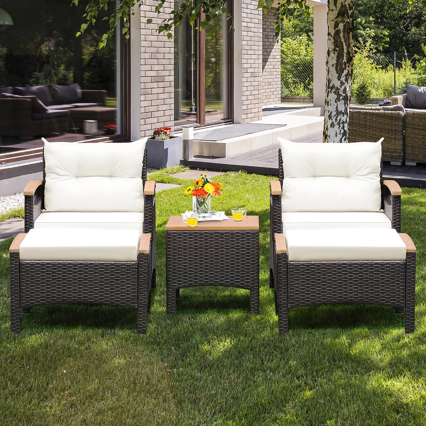 5PCS Patio Rattan Furniture Set, Sofa Ottoman Cushioned, Table W/Wood Top
