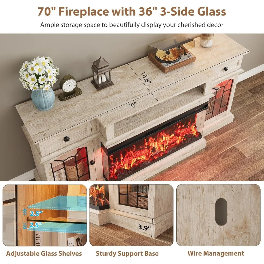 70" Farmhouse Fireplace TV Stand for TVs up to 80", Entertainment Center with 36" 3-Side Glass Electric Fireplace