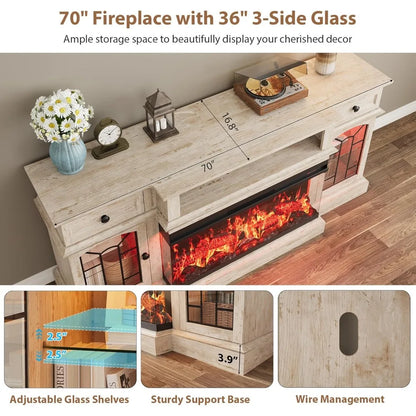 70" Farmhouse Fireplace TV Stand for TVs up to 80", Entertainment Center with 36" 3-Side Glass Electric Fireplace