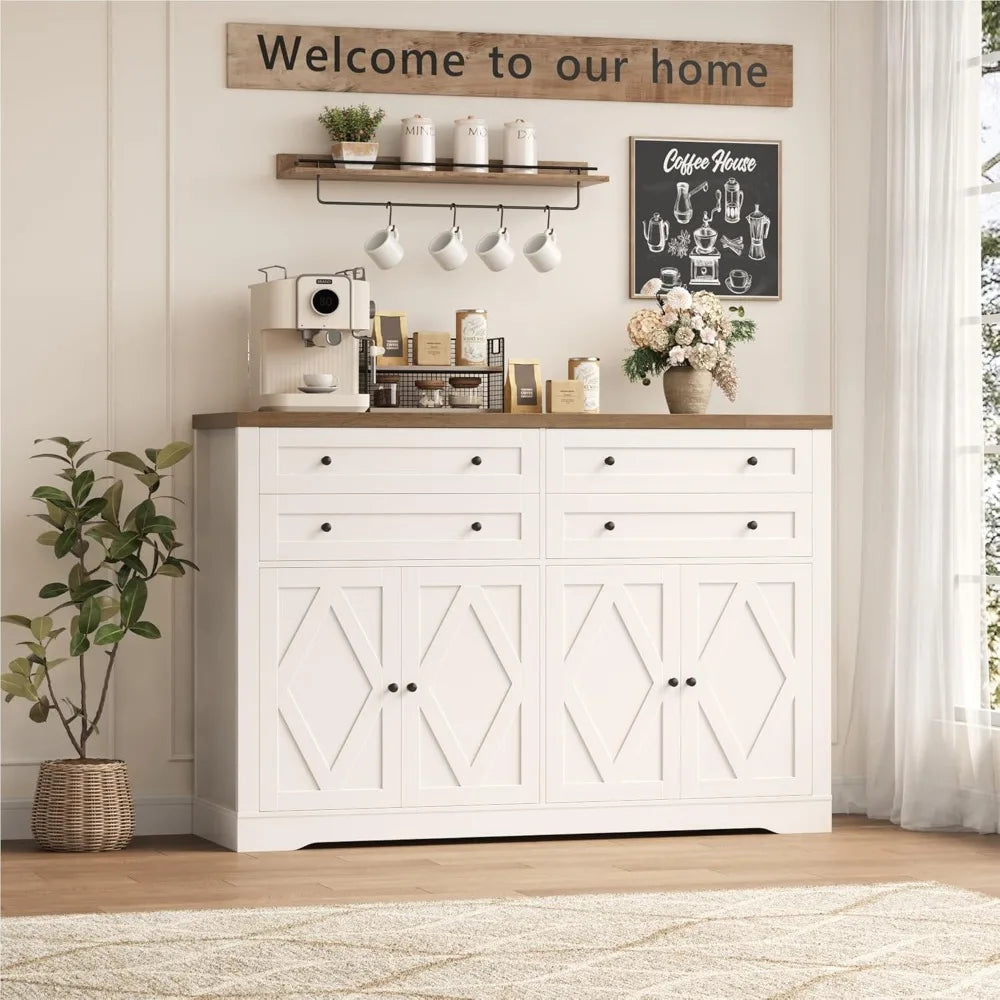 Exquisite 55 Coffee Bar with 4 Large Drawers, 40 Tall Buffet Cabinet with Storage, Kitchen Storage Cabinet, Farmhouse