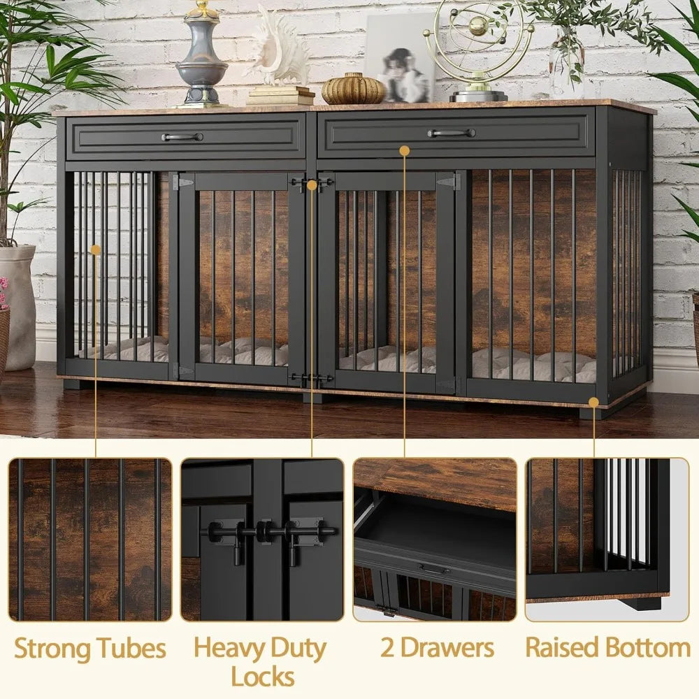 Large Wooden Dog Crate with Drawers and Divider, 64.6 Inch Indoor Double Room Dog Kennel