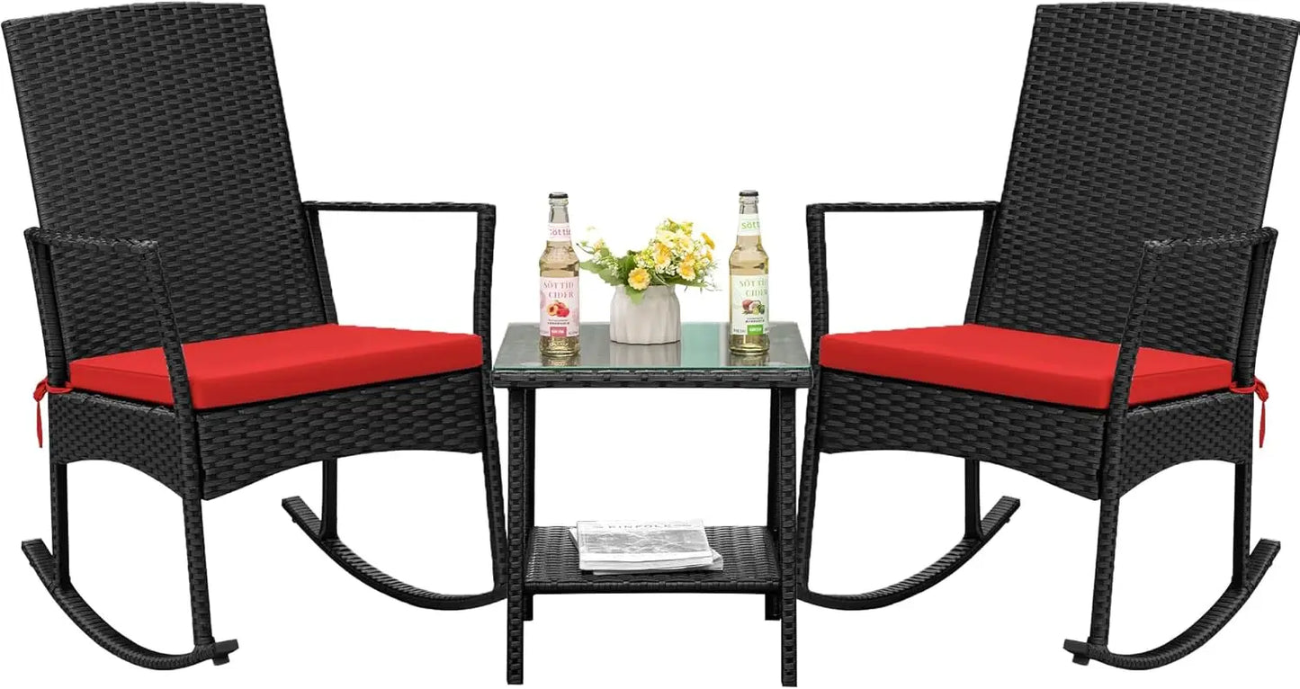Rocking Chair Outdoor, Glass Table, High Back Porch Rocker for Balcony Garden Backyard (Beige)