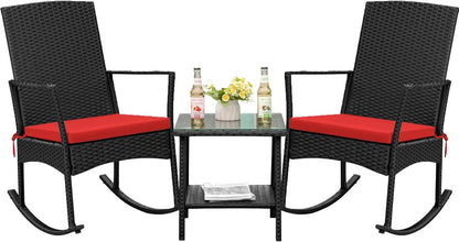 Rocking Chair Outdoor, Glass Table, High Back Porch Rocker for Balcony Garden Backyard (Beige)