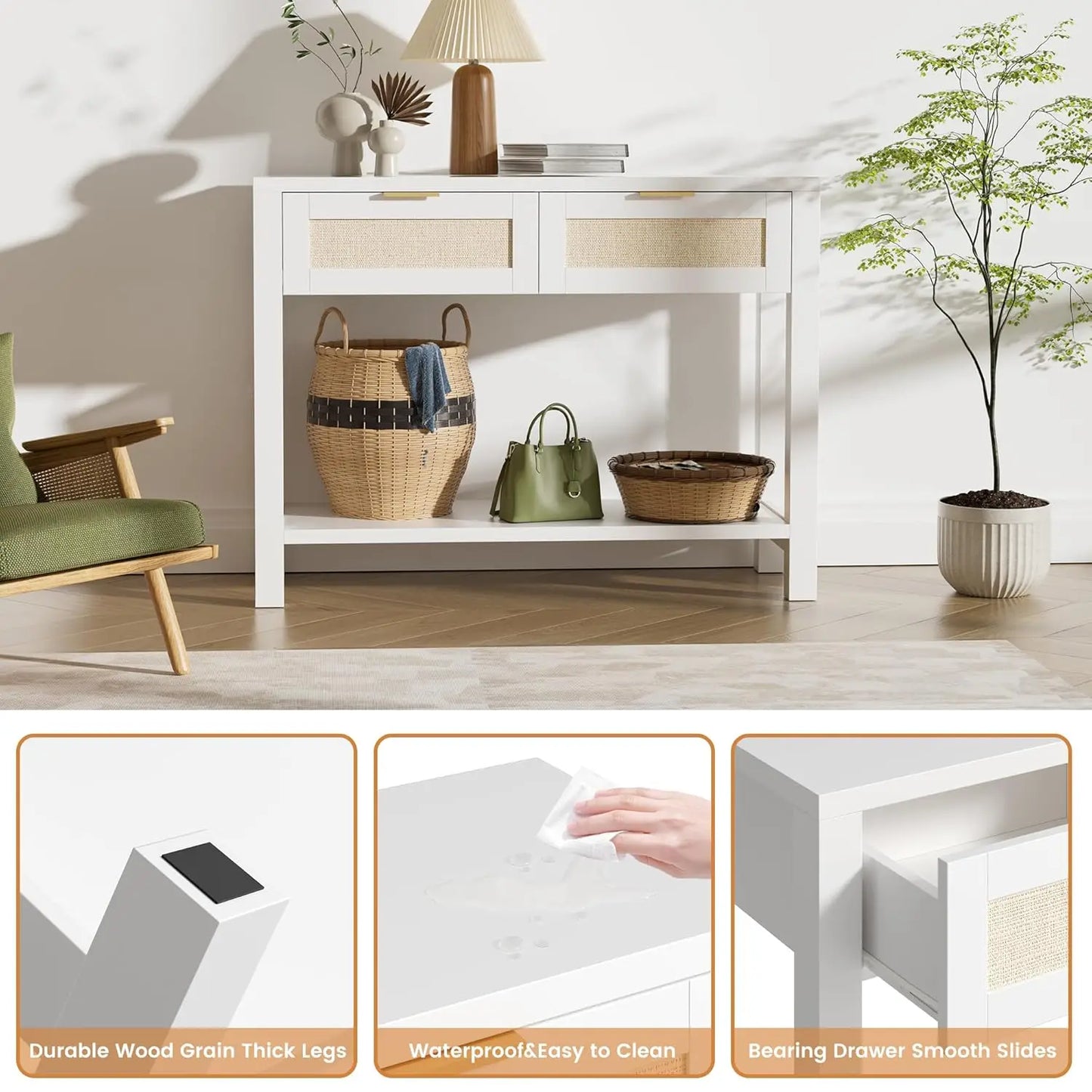 Narrow Console, Table with 2 Rattan Drawers & Open Shelf Storage Entryway, Living Room Hallway, White