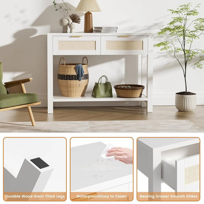 Narrow Console, Table with 2 Rattan Drawers & Open Shelf Storage Entryway, Living Room Hallway, White