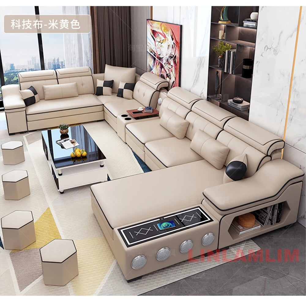 Sectional Sofa Set with Chaise Lounge, Bluetooth Speakers, and USB Charging Ports