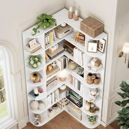 74” Tall Corner Bookshelf, 6-Tier with Open Storage, L Shaped Tall Bookcases Wooden Storage, Customized