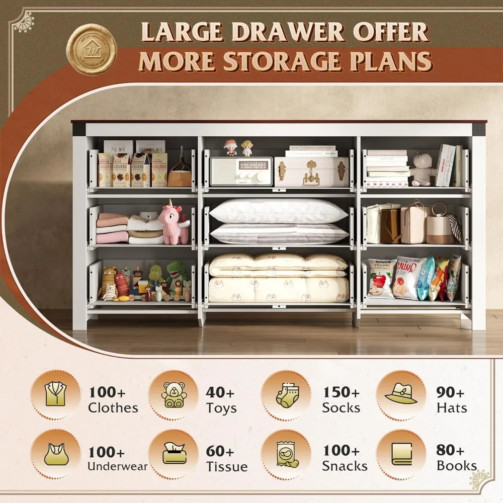 Farmhouse Dresser for Bedroom, 63" Wide 9 Drawer Dresser Storage Organizer, Wood Chest of Drawers, TV Stand