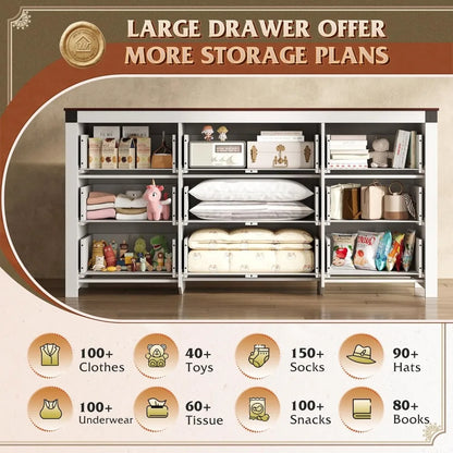 Farmhouse Dresser for Bedroom, 63" Wide 9 Drawer Dresser Storage Organizer, Wood Chest of Drawers, TV Stand