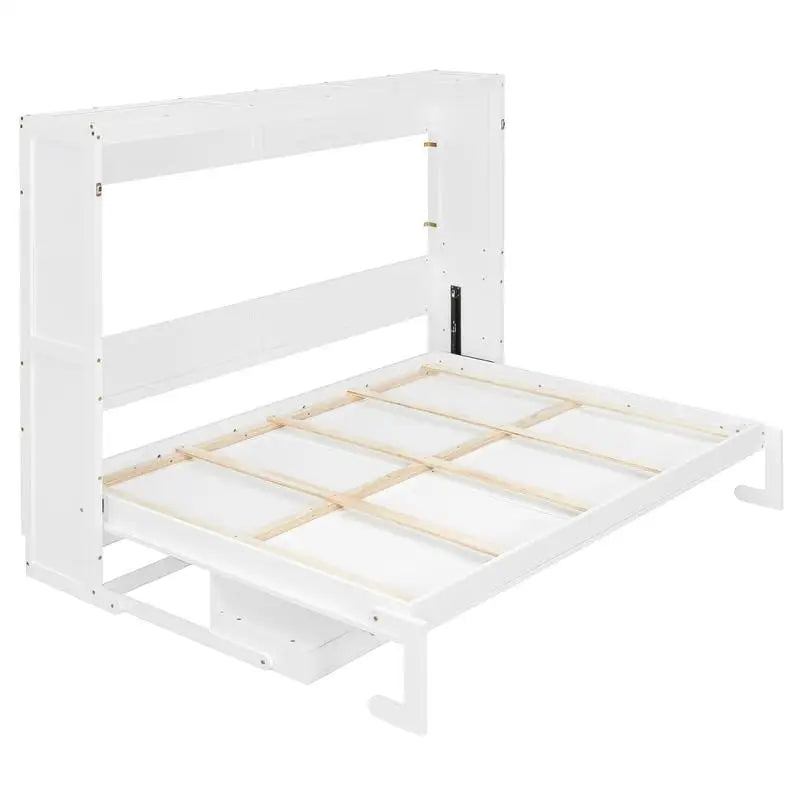 Queen Size Murphy Bed with Storage, Foldable Cabinet Bed with Desk, Center Mirror & 2 Side Drawers, White Finish