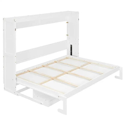 Queen Size Murphy Bed with Storage, Foldable Cabinet Bed with Desk, Center Mirror & 2 Side Drawers, White Finish