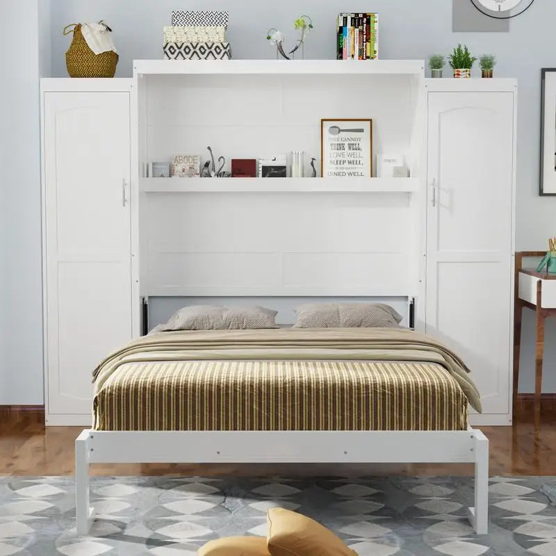 Queen Size Murphy Bed with 2 Wardrobes and Storage Shelf, Multifunctional Foldable Bed Frame