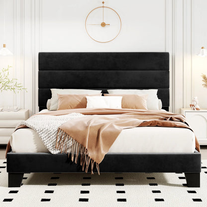 Bed Frame with Headboard, Fabric Platform Bed, Strong Wood Slats Support Panel Bed Mattress Foundation