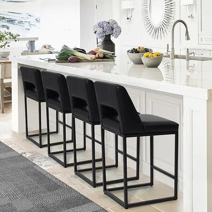 Black Upholstered Counter-Height Bar Stools, Set of 4 – Modern Kitchen Island Chairs with Backs