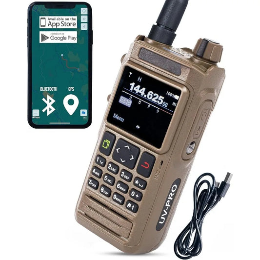 UV-PRO (TAN) IP67 Dual Band VHF/UHF Two-Way Radio,  Bluetooth, GPS, Text Messaging, Aviation Band Scanner