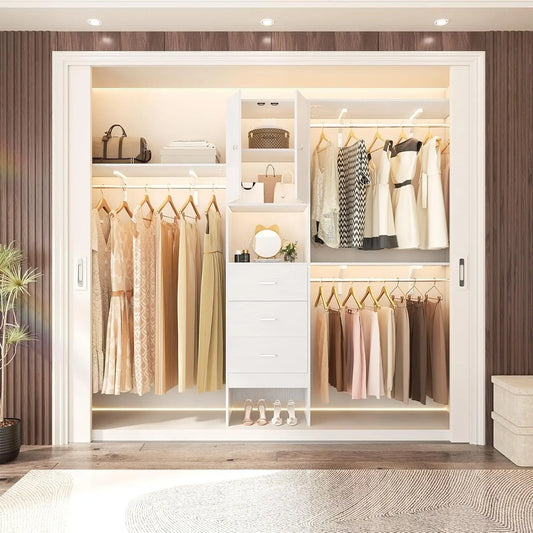 96 Inches Walk In Closet System with Doors & 3 Shelving Towers, Heavy Duty Clothes Garment Rack with 3 Wood Drawers