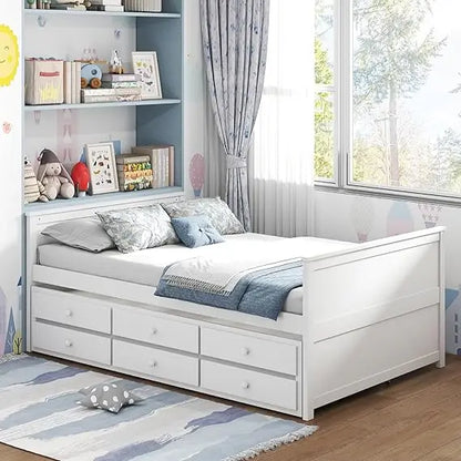 Full Size Bed Frame with Twin Trundle & 3 Storage Drawers, Platform Bed with Headboard & Footboard, Wooden Slats