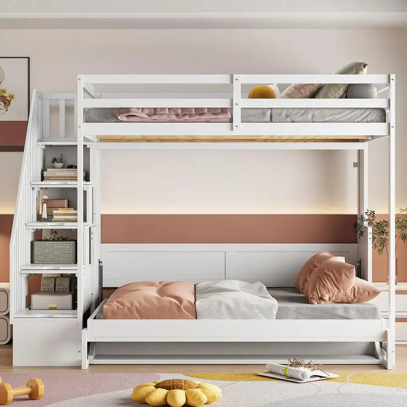 Full Over Full Murphy Bed w/ Hydraulic Lift & Desk Design, White Finish - Space-Saving Solution