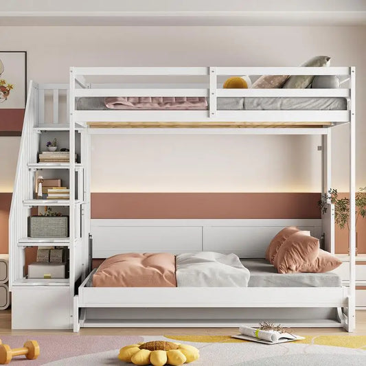 Full Over Full Murphy Bed w/ Hydraulic Lift & Desk Design, White Finish - Space-Saving Solution