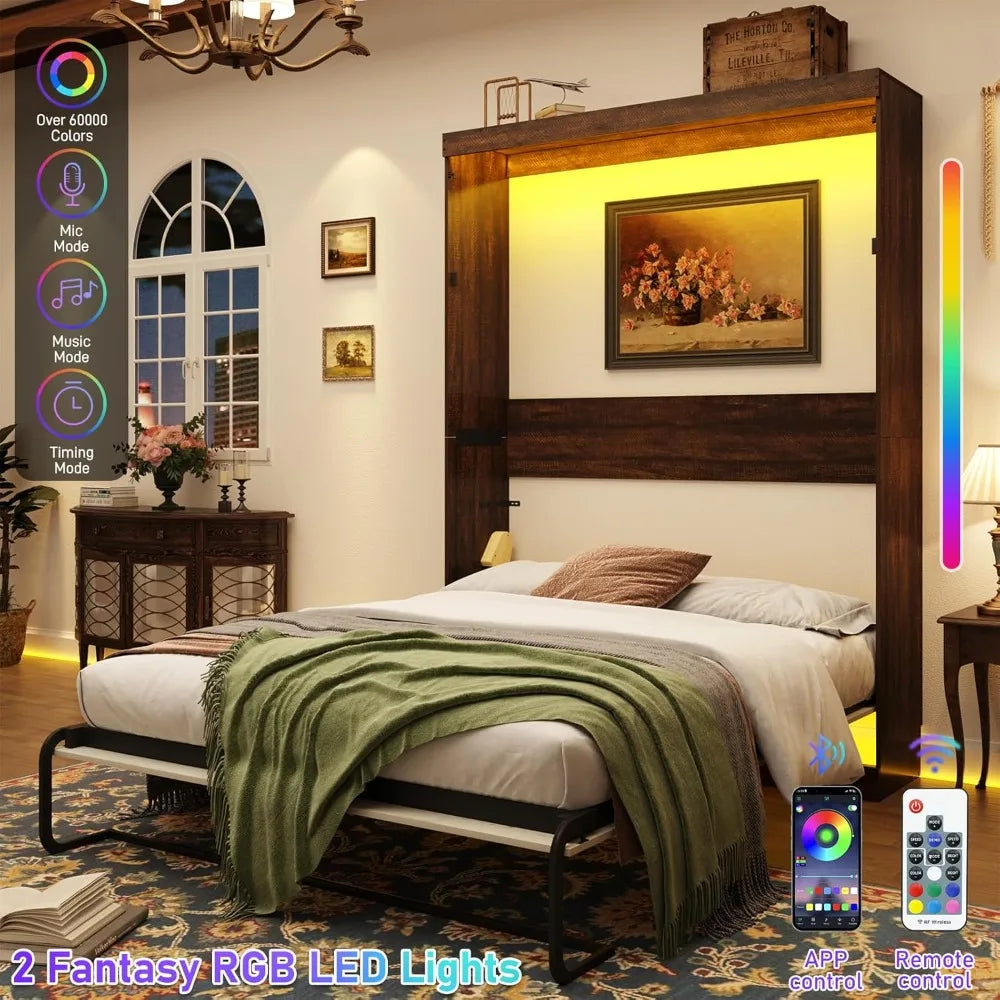 Queen Size Murphy Bed , Farmhouse Wood Hidden Wall Bed Frame, Space-Saving Storage Cabinet