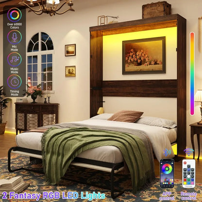 Queen Size Murphy Bed , Farmhouse Wood Hidden Wall Bed Frame, Space-Saving Storage Cabinet