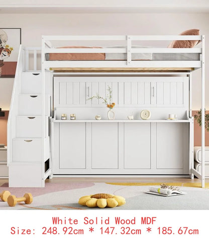 Full Over Full Murphy Bed w/ Hydraulic Lift & Desk Design, White Finish - Space-Saving Solution