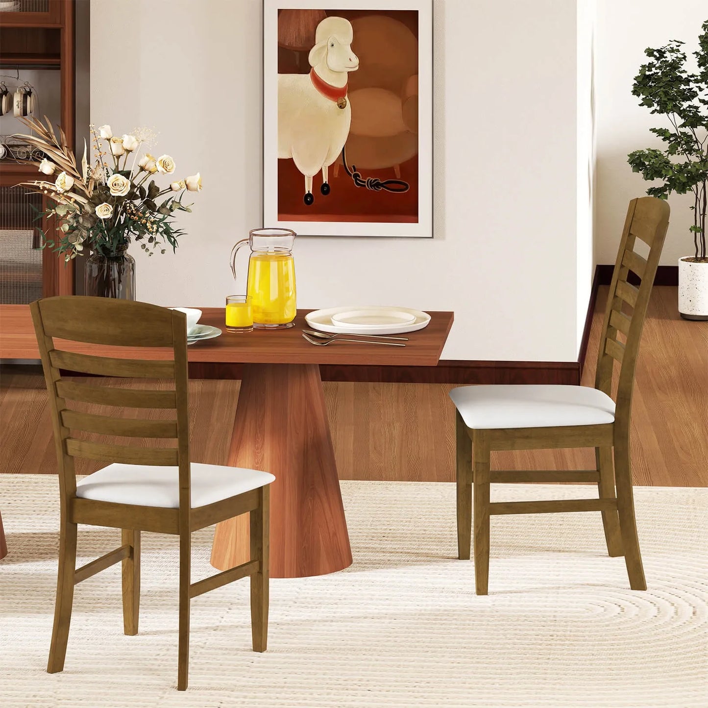 Wood Dining Chairs Set of 2 Fabric Upholstered Side Chairs wi/ Rubber Wood Frame