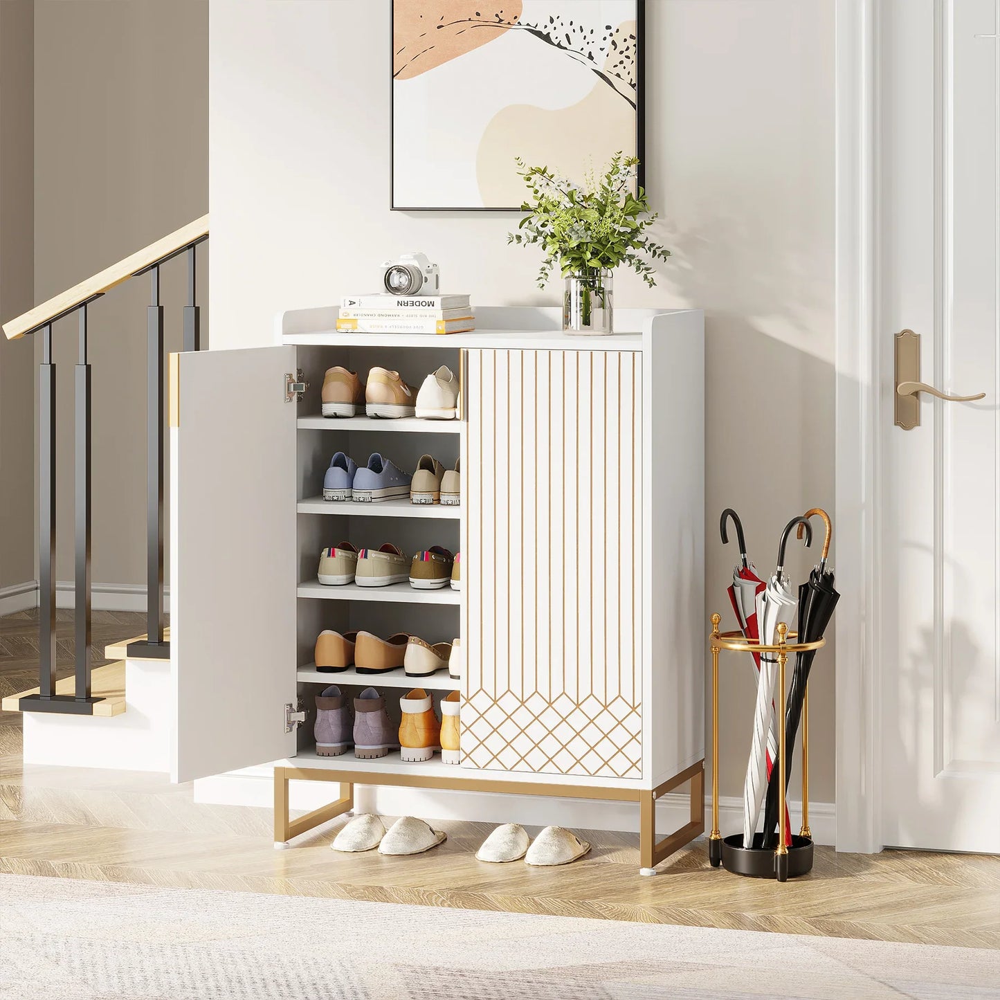 White Shoe Cabinets with Doors, 5-Tier Shoe Rack, Wood Storage Cabinet