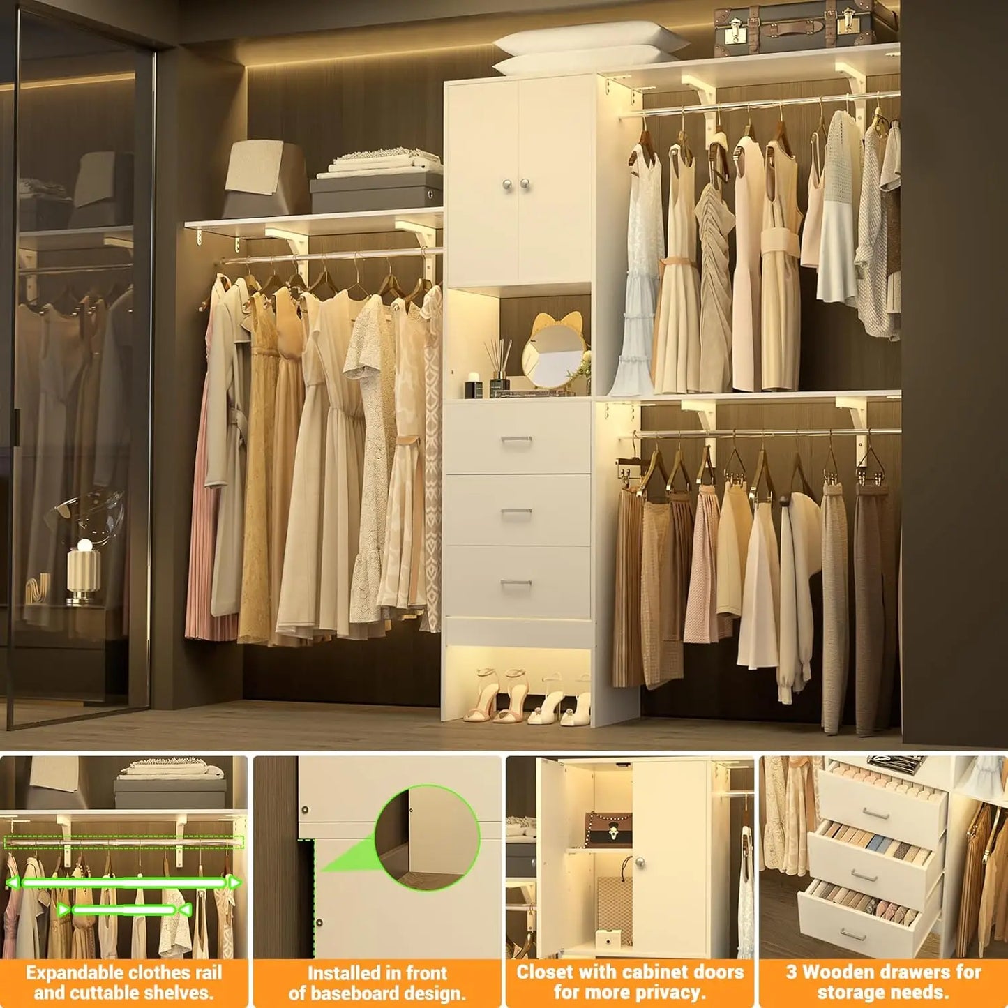 96 Inches Walk In Closet System with Doors & 3 Shelving Towers, Heavy Duty Clothes Garment Rack with 3 Wood Drawers
