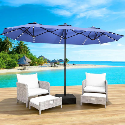 LEVELEVE 15FT Large Patio Patio Umbrella with Base & Solar LED Lights - Double-Sided,Kahaki