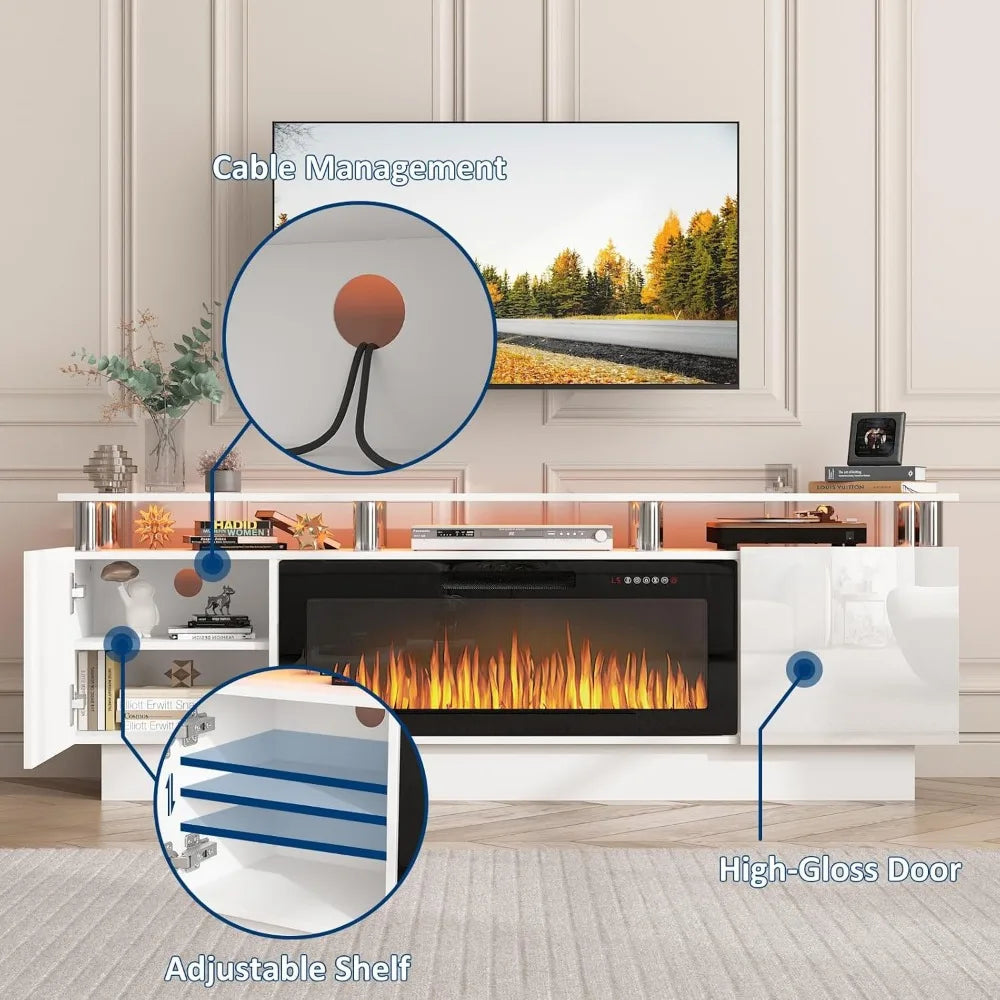 Fireplace TV Stand with 36" Electric Fireplace, 70" LED Light Entertainment Center with Storage,2 Tier Modern Wood Media TV Console