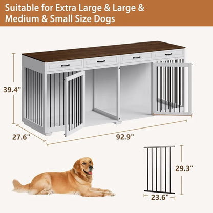 , 92.9" Wooden Dog Crate Kennel with 4 Drawers and Divider, XXXL Heavy Duty Dog Crates