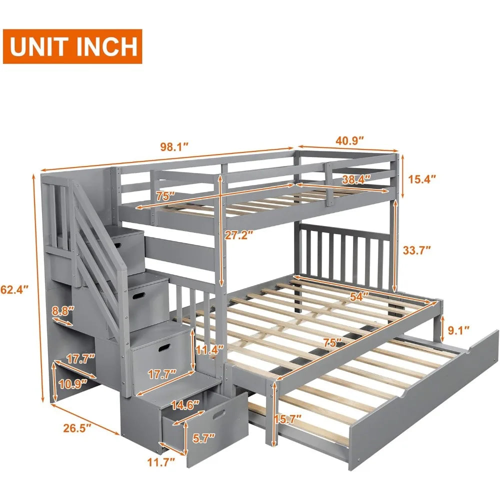 Stairway Twin Over Twin/Full Bunk Bed with Twin Size Trundle and Drawers, Solid Wood Bunk Bed, Staircase